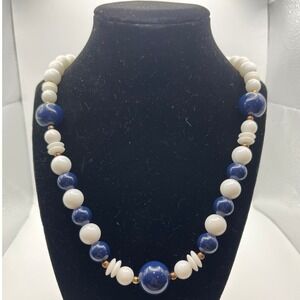 Chunky Beaded Necklace and Matching Earrings Set Cream Blue Gold Tone Clasp